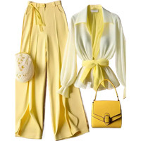 Yellow Trousers Loose Pant Sets Vintage Perspective Shirt Autumn Blouse Sleeve Suit Women Two Peice | AliExpress UK