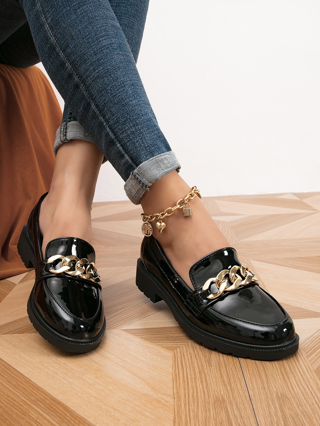 Minimalist Chain Decor Loafers, Black Fashionable Metal Chain Solid Color Loafers | SHEIN