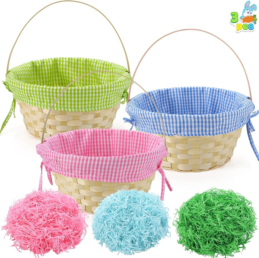JOYIN 3 PCS Easter Bamboo Baskets with Plaid Lining and Handle and 3 Colors Grass Paper Shreds fo... | Amazon (US)