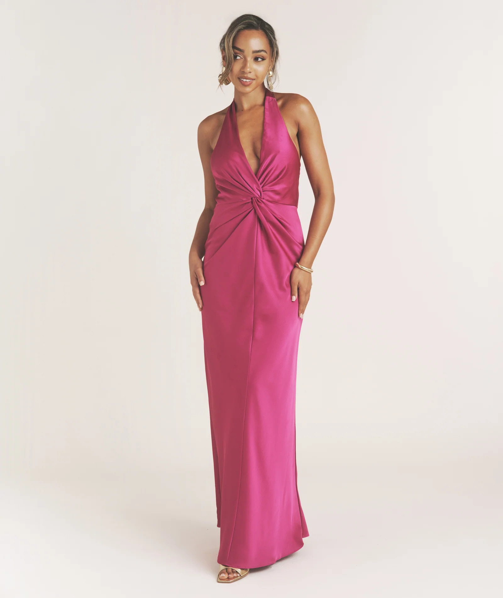 Plunge Knot Detail Dress with Neck Tie - Raspberry Pink | Six Stories