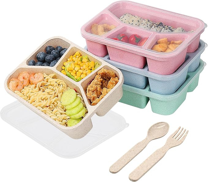 4 Pack Bento Lunch Box, 4 Compartment Meal Prep Containers, Lunch Box for Kids, BPA Free Plastic ... | Amazon (US)