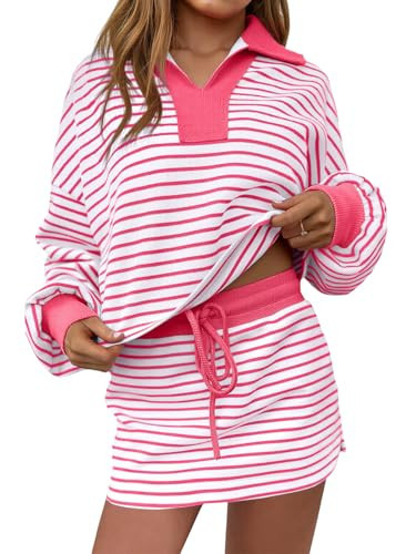 MAOECO Womens 2 Piece Set Striped Sweatshirt Skirt Set Casual Long Sleeve Skort Workout Matching Lounge Set Outfits with Pockets Pink X-Large | Amazon (US)