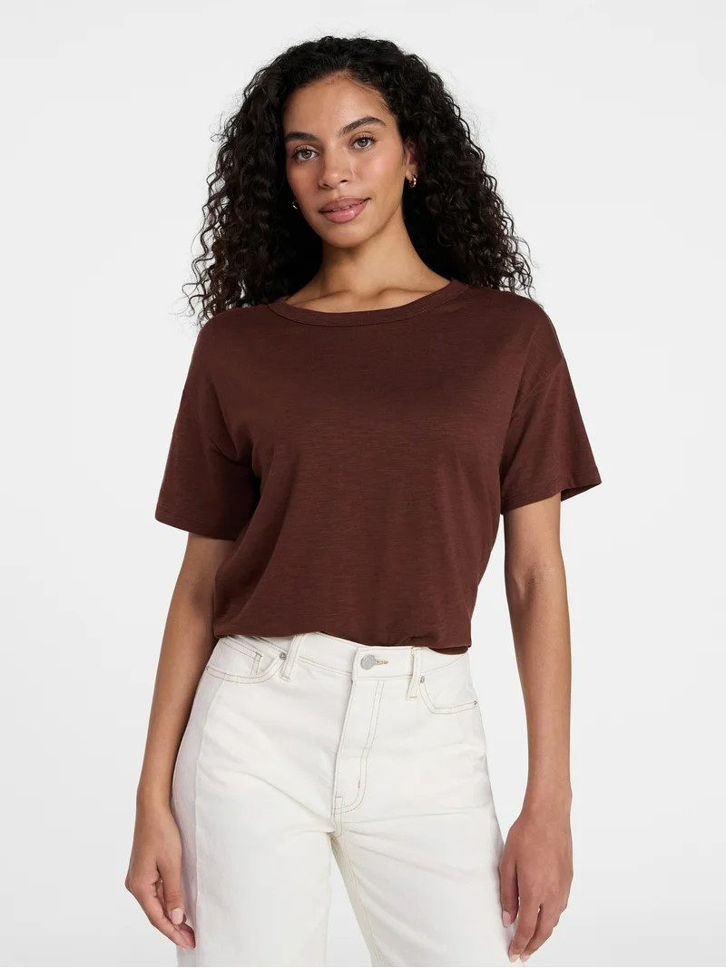 Time and Tru Women's Boxy Slub Tee with Short Sleeves, Sizes XS-XXXL | Walmart (US)