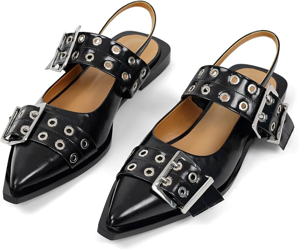 Buckle Ballet Flats for Women Slingback Flats Ballerinas Flats with Straps Pointe Toe Casual Dres... | Amazon (US)