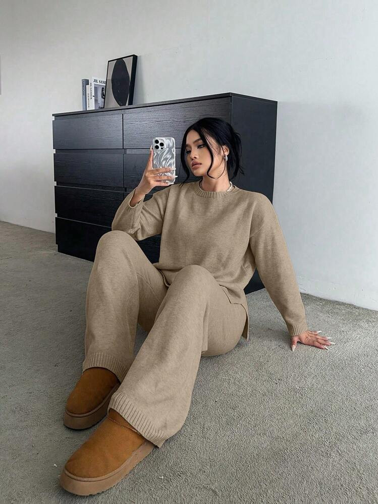 Flirla Plus Size Soft & Fluffy Slimming Versatile Casual Wide Leg Pants & Long Sleeve Knit Set, For Winter Fall Cloth For Women Autumn | SHEIN