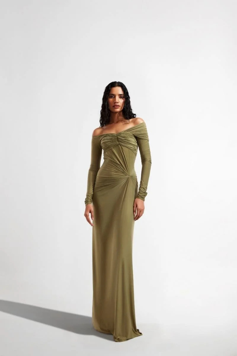 CONNIE OLIVE OFF-SHOULDER DRAPED MAXI DRESS | Deme By Gabriella | CULT MIA | CULT MIA UK LTD