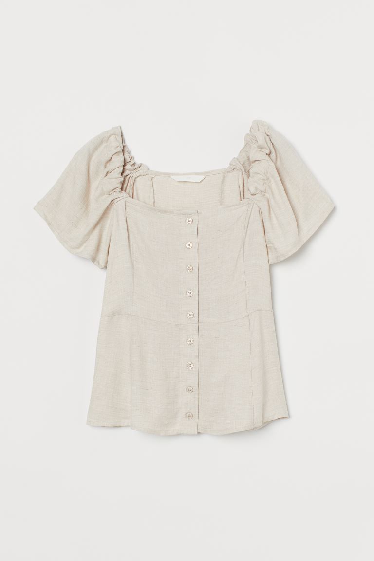 Blouse in a slub-weave viscose blend with linen content. Square neckline, buttons at front, and g... | H&M (US)