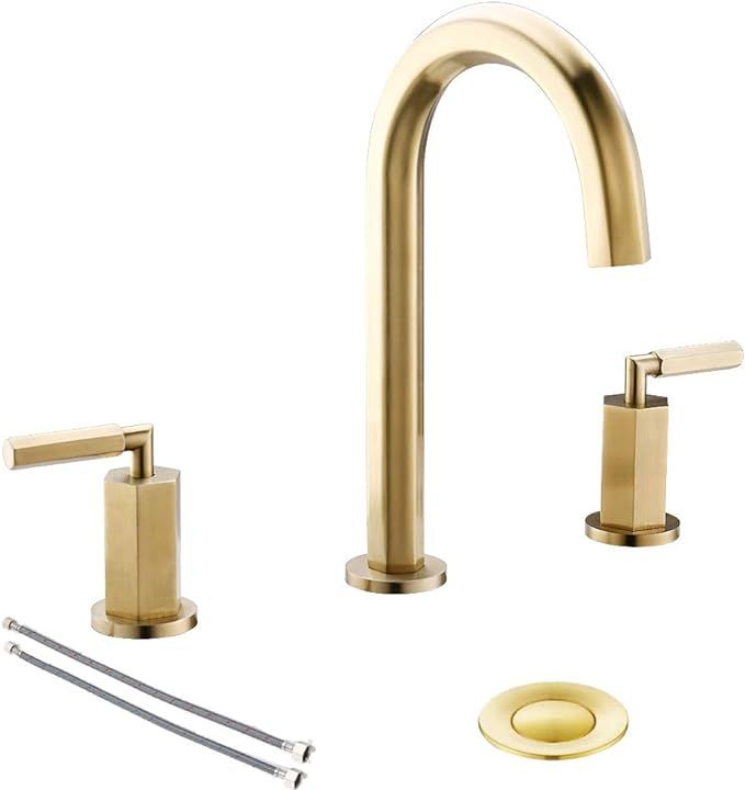 Brushed Gold 8 Inch 2 Handles 3 Holes Hexagonal Widespread Bathroom Faucet by Phiestina, Bathroom... | Amazon (US)