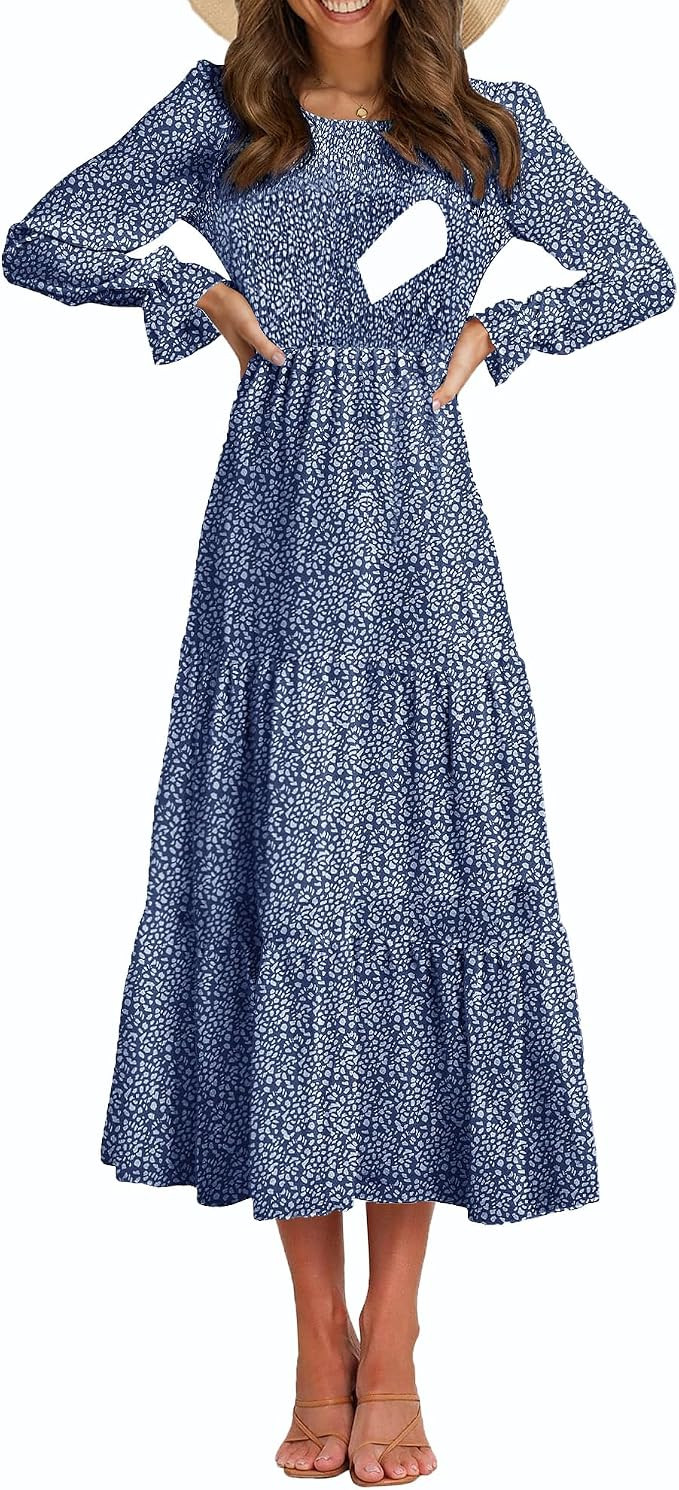 Nursing Dress Flounces Long Sleeve Crew Neck Smocked Bodice Ruched Tiered Midi | Amazon (US)