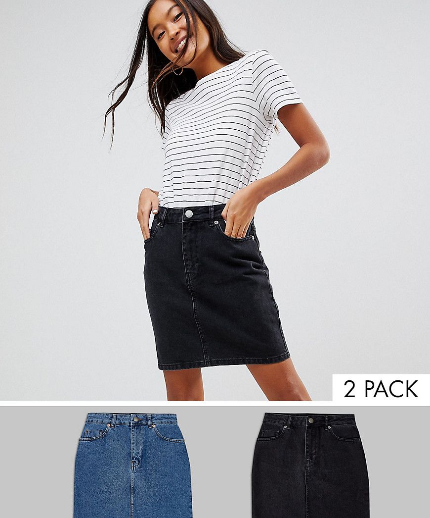 ASOS DESIGN denim original high waisted skirt in washed black and mid blue 2 pack - Multi | ASOS US