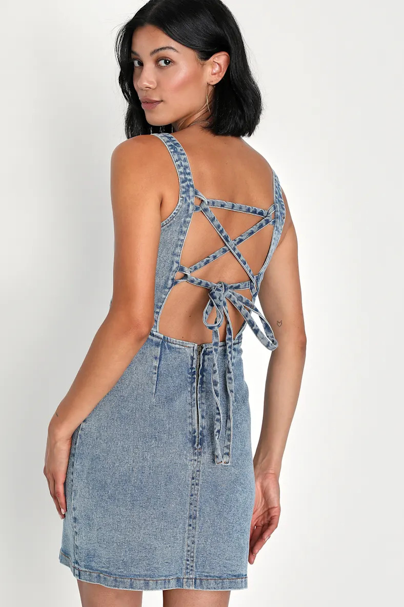Cool Impression Medium Wash Lace-Up Denim Mini Dress | Lulus (US)