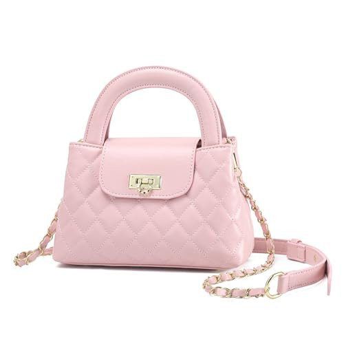 Small Quilted Crossbody Purse for Women, Faux Leather Top Handle Bag with Chain Strap, Elegant Mini Handbag for Daily Use, (Pink) | Amazon (US)