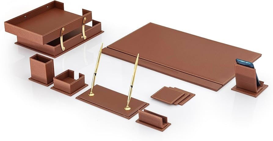 MOOGCO 12-Piece Leather Desk Set — Desk Pad 23.2" x 15.4", Double Document Tray, Pen Holder —... | Amazon (US)