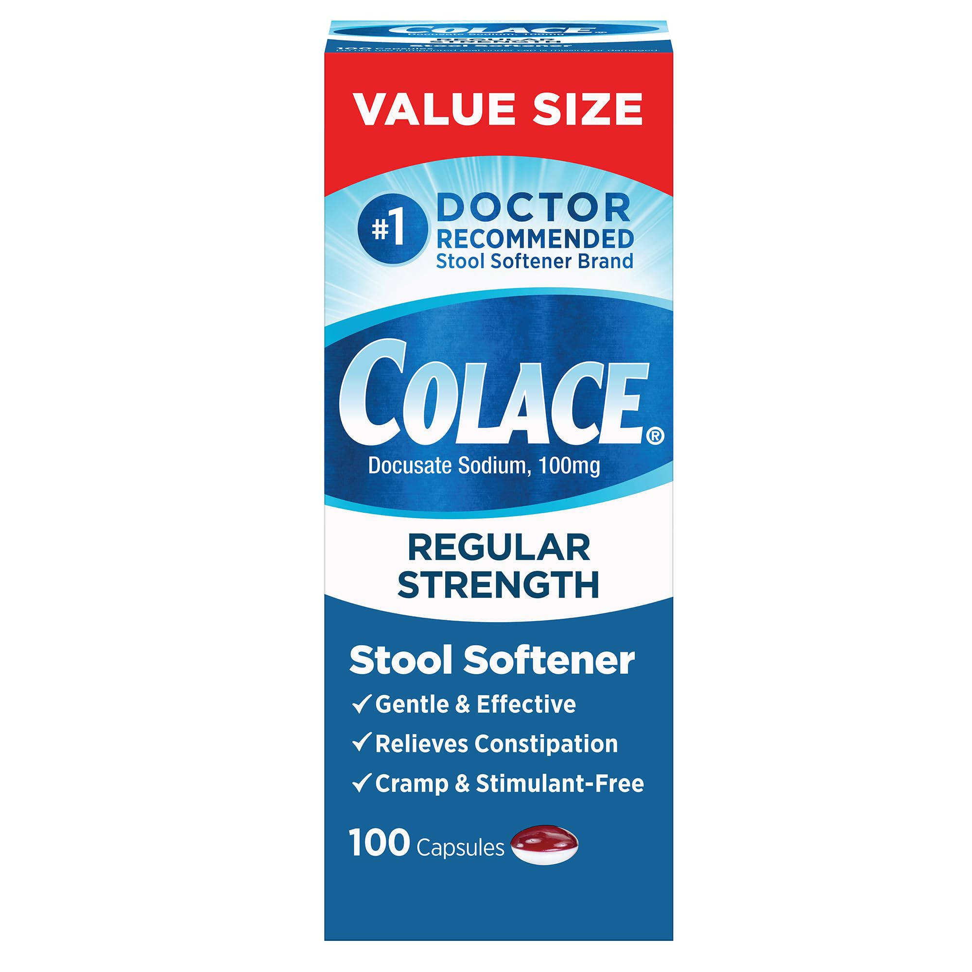 Colace Stool Softener 100 mg, 100 Capsules, Constipation Relief, Docusate Sodium, Gentle Docusate... | Amazon (US)