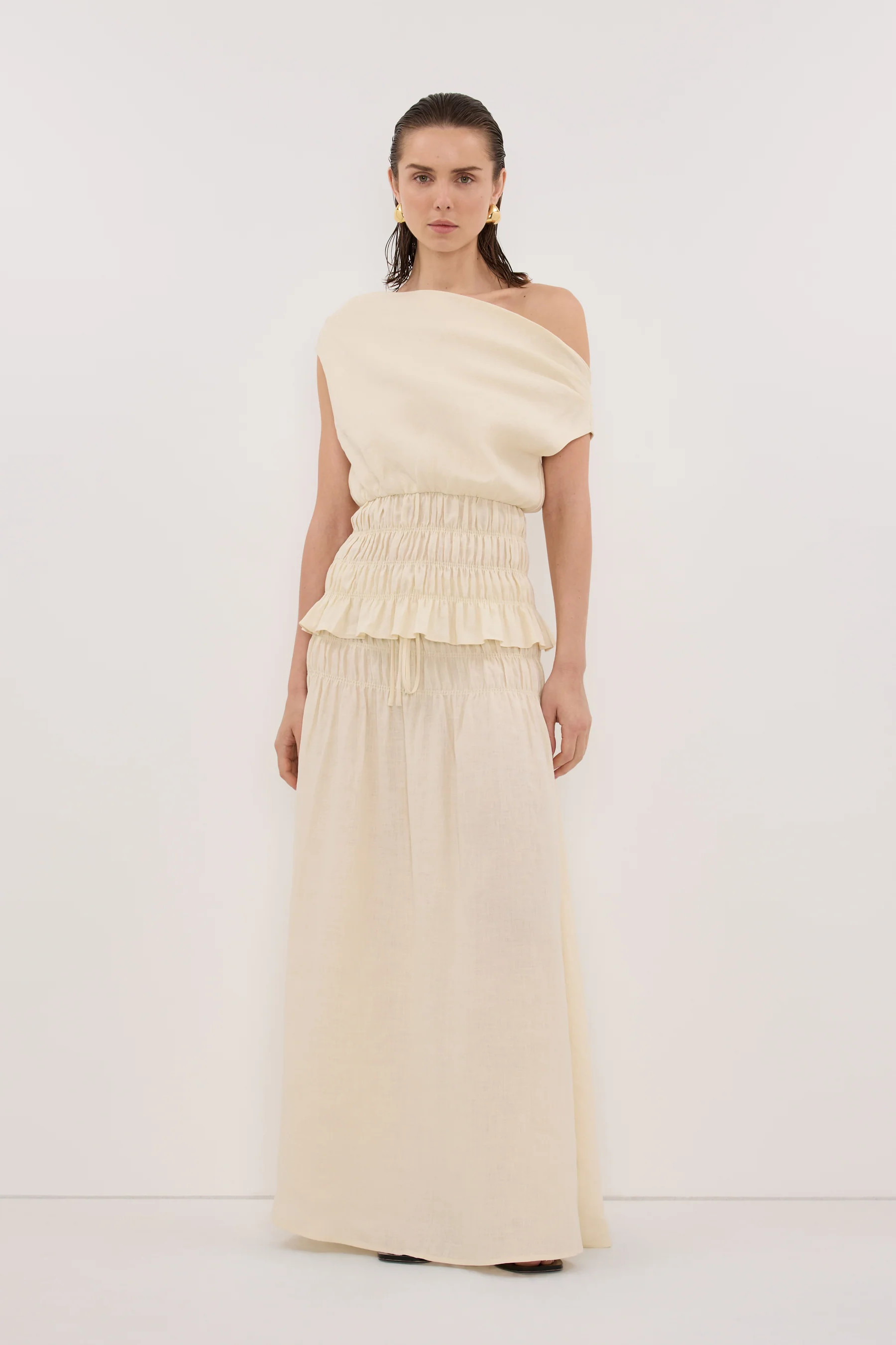MAIA STRAW LINEN SHIRRED TOP | DISSH