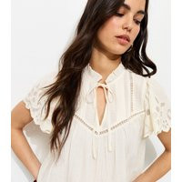 Women's Cream Embroidered Tie Neck Short Sleeve Blouse New Look | New Look (UK)