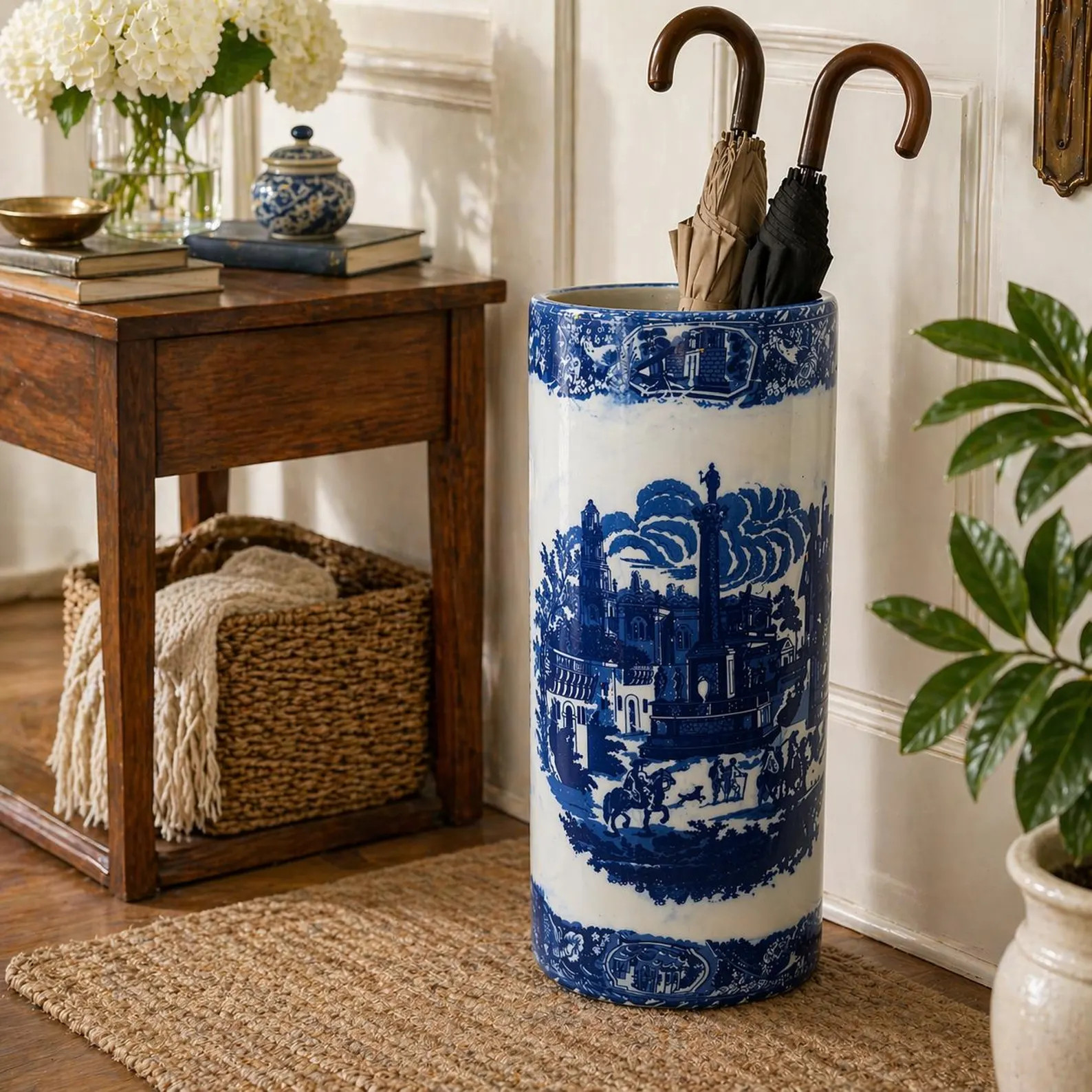 Chinoiserie Flow Blue Earthenware Umbrella Stand Street Scene 17.5" high | Etsy (Global)
