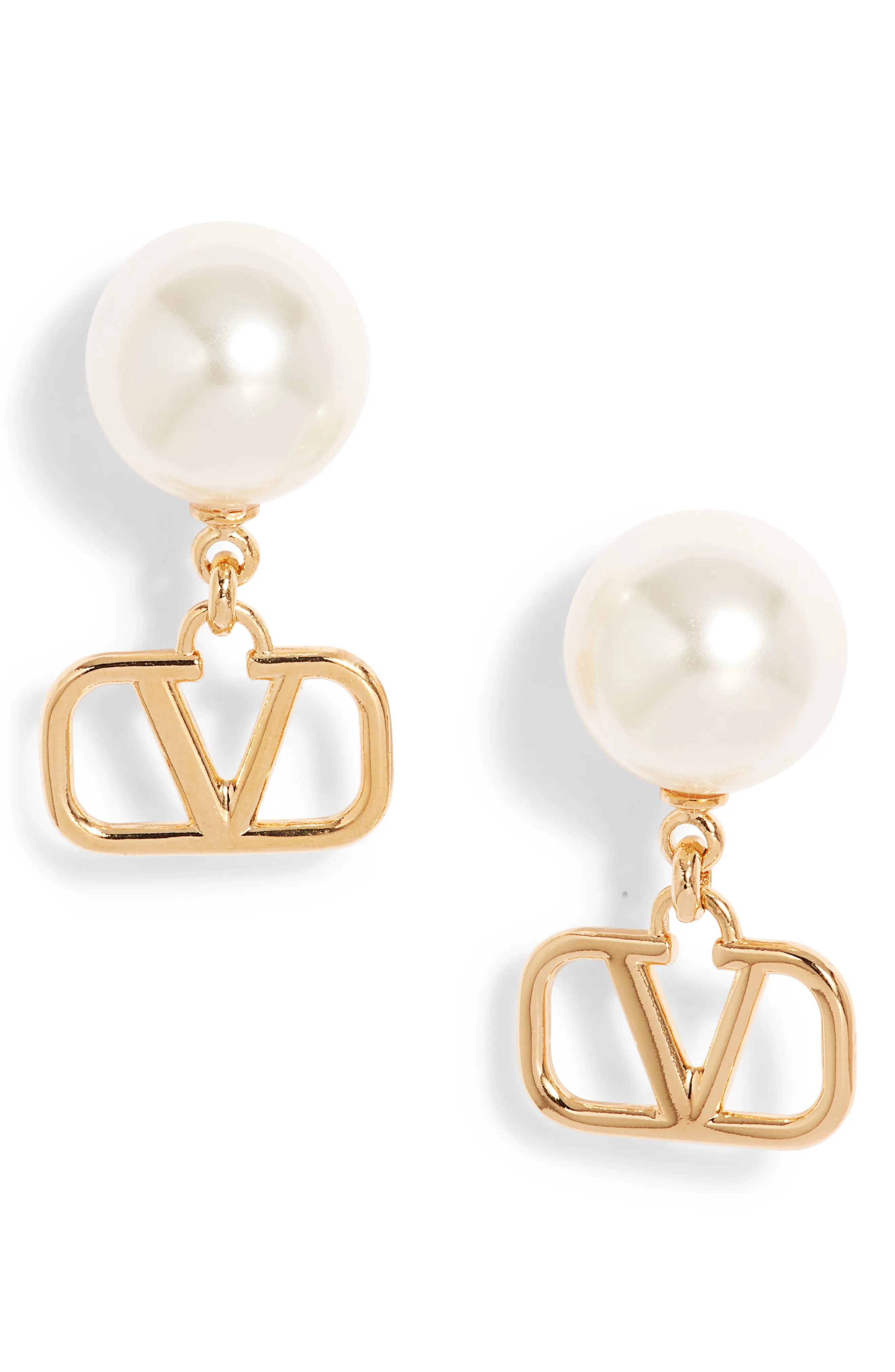 Valentino VLOGO Imitation Pearl Drop Earrings in Oro 18/Cream at Nordstrom | Nordstrom