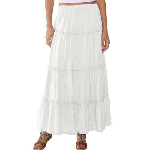 Keeliya Womens Boho Long Skirts Summer Maxi Skirts Swing Tiered Elastic High Waist A Line Ruffle Dress with Pockets(White,L) | Amazon (US)