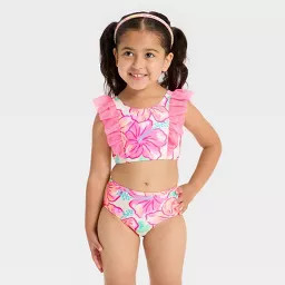 Toddler Girls' Hibiscus Floral Ruffle Bikini Swim Set - Cat & Jack™ Pink 12M | Target