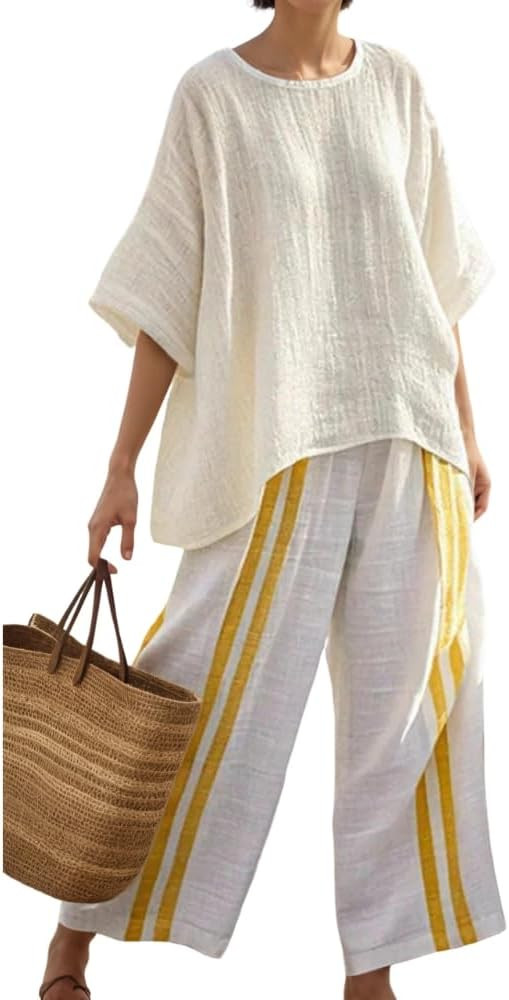 TIAFORD Women's Linen Striped 2 Piece Sets Summer Oversized Loose Half Sleeve Tops Tshirt and Wid... | Amazon (US)