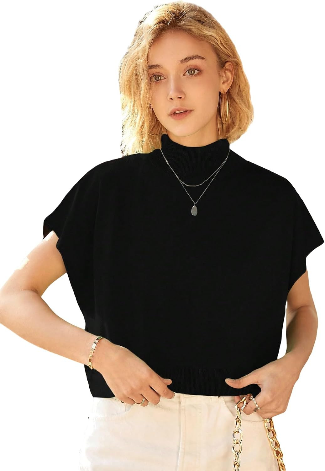 OYOANGLE Women's Mock Neck Short Sleeve Stand Collar Knit Crop Top Pullover Sweater Black M | Amazon (US)