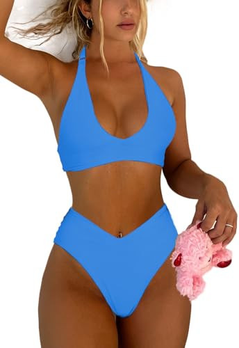 Syshrendy High Waisted Blue Bathing Suit Cheeky Bikini Sets for Women Halter Triangle Push up Swimsuits(Blue,S) | Amazon (US)