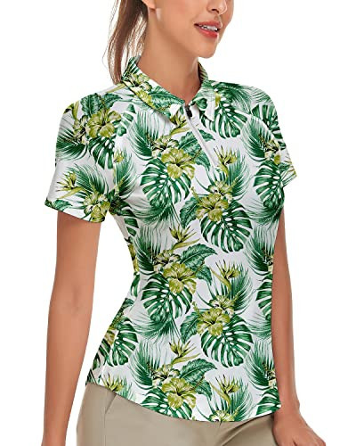 Soneven Women's Golf Shirt Short Sleeve Polo Shirt Quarter Zip Argyle Golf Apparel Printed Tennis Shirts Green Floral | Amazon (US)