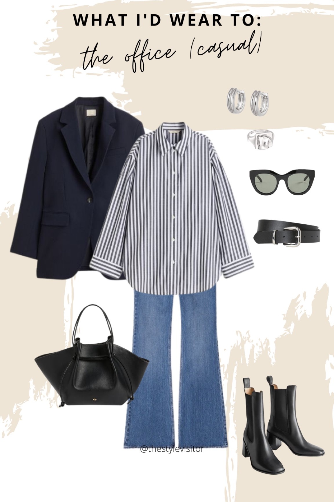 Another casual work outfit with a classic striped shirt. The wool blazer is making up for the cold. I paired it with some chelsea boots this time, which are also perfect for leggings (linked). The shirt is oversized so I would size down one size. Read the size guide/size reviews to pick the right size.

Leave a 🖤 if you want to see more smart casual work outfits 

#workoutfit #officeoutfit #office outfit #navy #striped shirt #jeans #flared jeans #wool blazer 

#LTKworkwear #LTKstyletip #LTKSeasonal