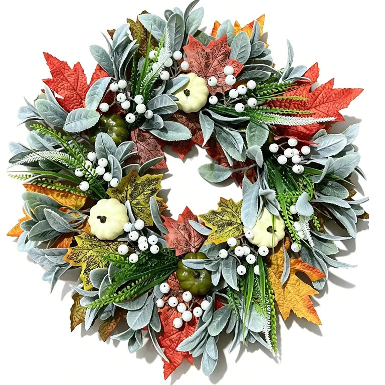 Fall Wreath for Front Door,20\u201c  Autumn Wreath with Maple Leaf,Pumpkins and White Berries,Art... | Walmart (US)