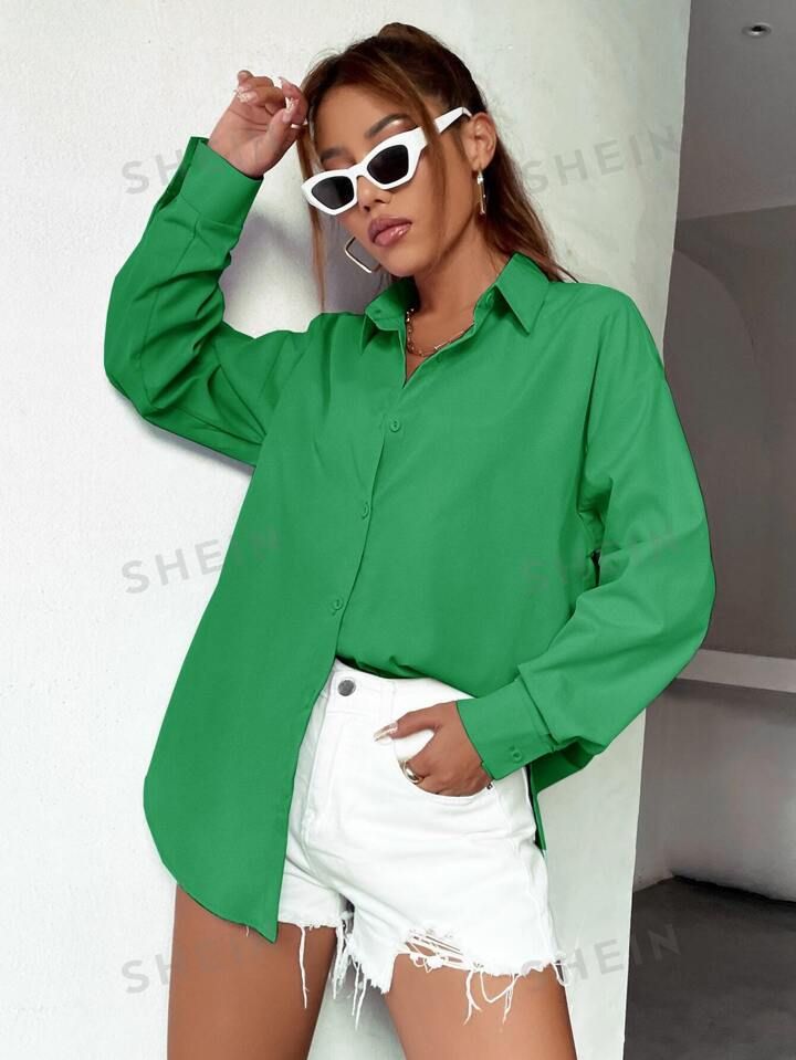 SHEIN EZwear Solid Drop Shoulder Button Up Oversized Shirt | SHEIN
