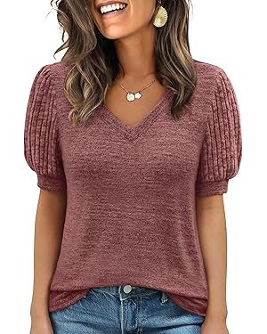 ANRABESS Womens Tops Short Ribbed Sleeve Sweaters Dressy Casual V Neck Summer Shirts 2026 Spring ... | Amazon (US)