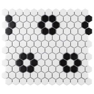 Merola Tile Metro 1 in. Hex Matte White with Flower 6 in. x 6 in. Porcelain Mosaic Take Home Tile... | The Home Depot