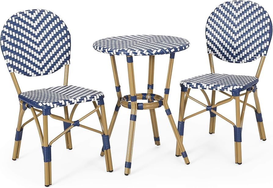 Christopher Knight Home Picardy Bistro Set, Navy Blue + White + Bamboo | Amazon (US)