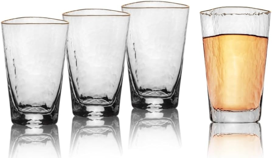 Bec's Designs Gold Rim Highball Glasses – Set of 4, 16oz Handblown Triangular Hammered Glass Tu... | Amazon (US)