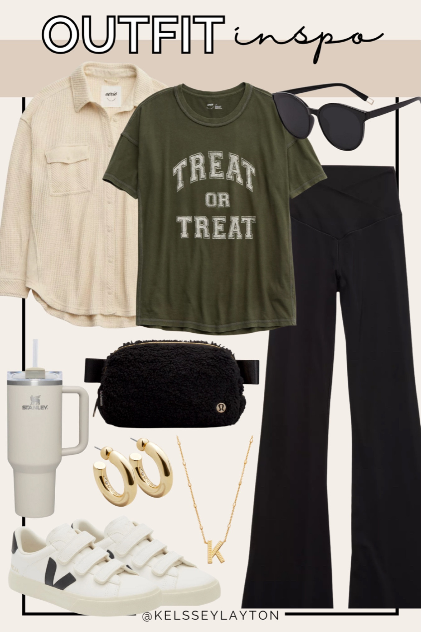 LTK sale outfit on sale, outfit idea, aerie, American Eagle, waffle shacket, Halloween tee, black flare leggings, velcro Vejas sneakers 

#LTKSale #LTKsalealert #LTKfindsunder50