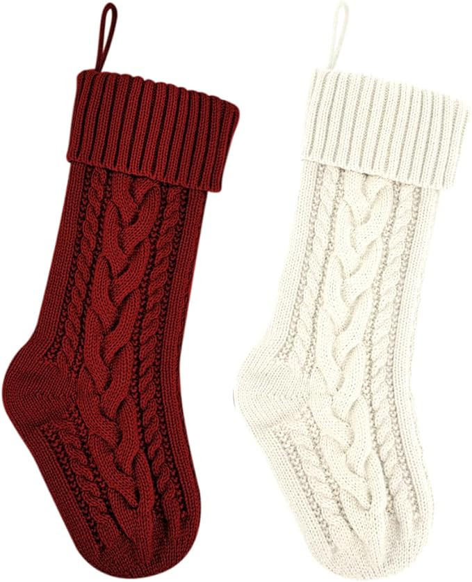18 Inches Burgundy and Ivory Knit Christmas Stockings Bulk Double Side Vintage Family Xmas Stocki... | Amazon (US)