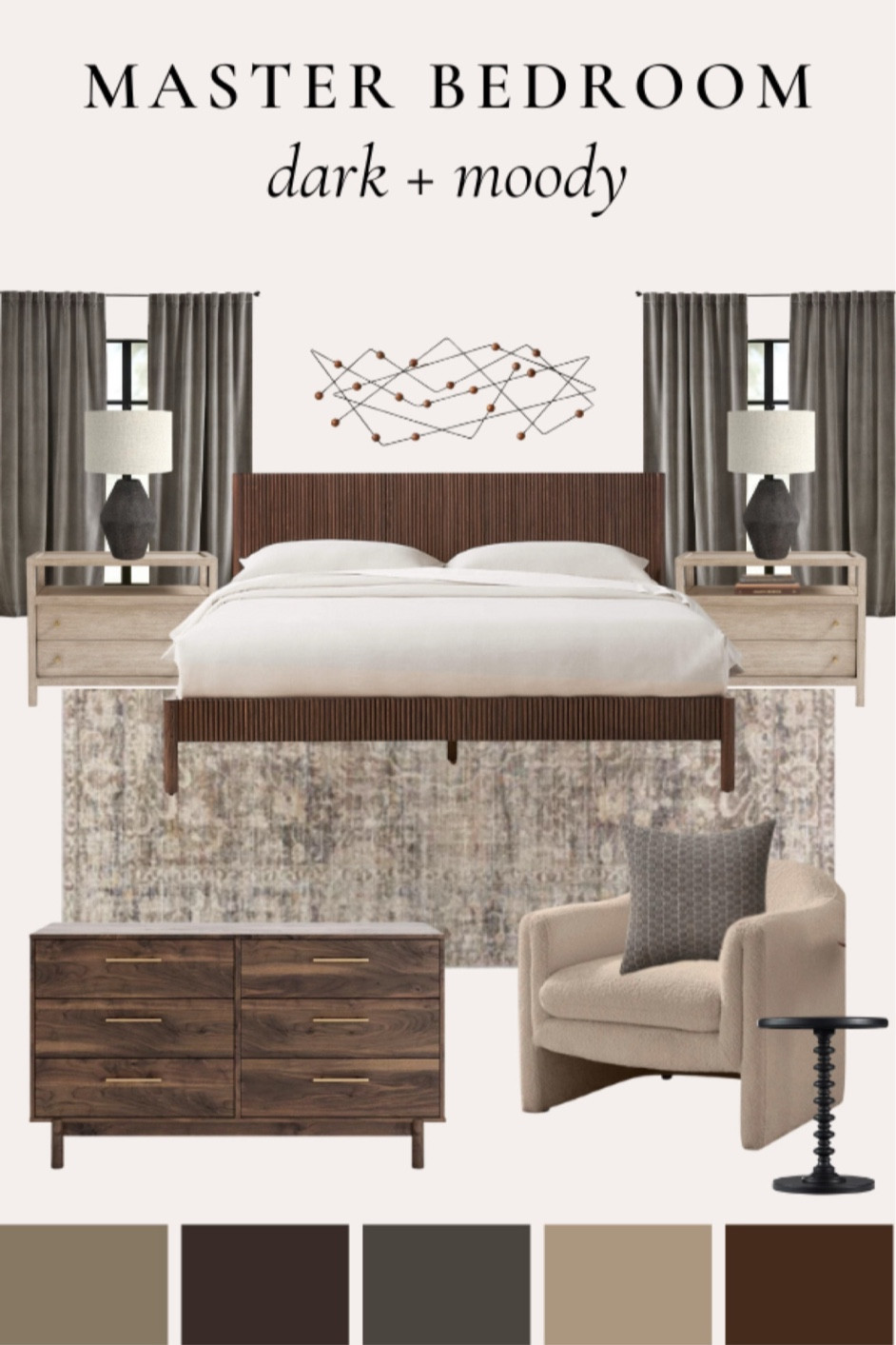 Dark and moody primary bedroom inspo 🤎
•
Wood bed frame, velvet curtains, accent chair, velvet chair, wood nightstands, moody vibes, cozy bedroom, primary bedroom design, master bedroom, bedroom decor, moody room decor, warm brown  

#LTKHome #LTKCyberWeek #LTKOver40