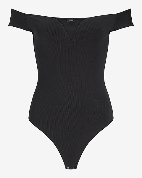 Body Contour Ribbed V-Wire Off The Shoulder Thong Bodysuit | Express