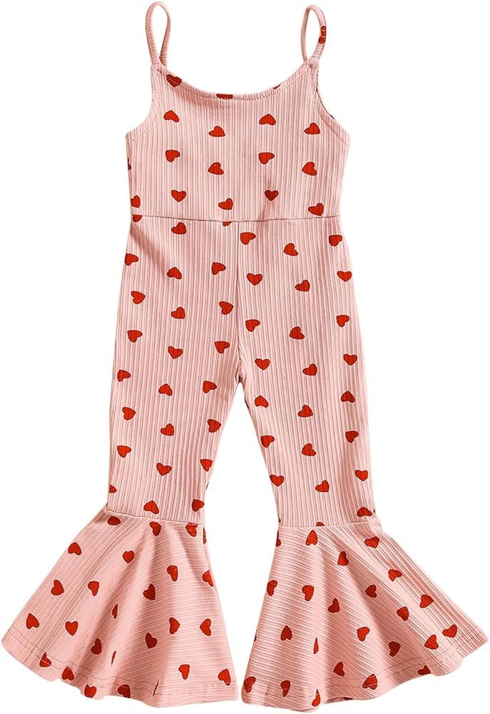 Guodeunh Toddler Baby Girls Bell-Bottoms Jumpsuit Ribbed Sleeveless Spaghetti Straps Romper Heart Valentine's Day Outfit | Amazon (US)