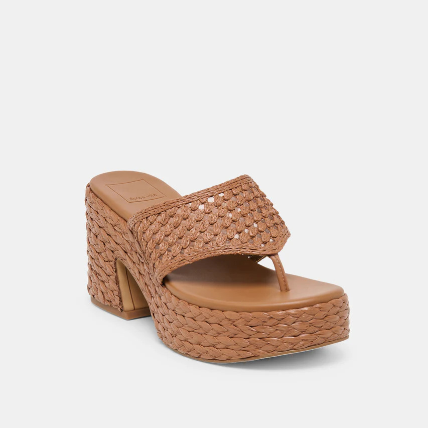 RIPPLE Mid Brown Raffia Platform Thong Block Heel | Dolce Vita | DolceVita.com