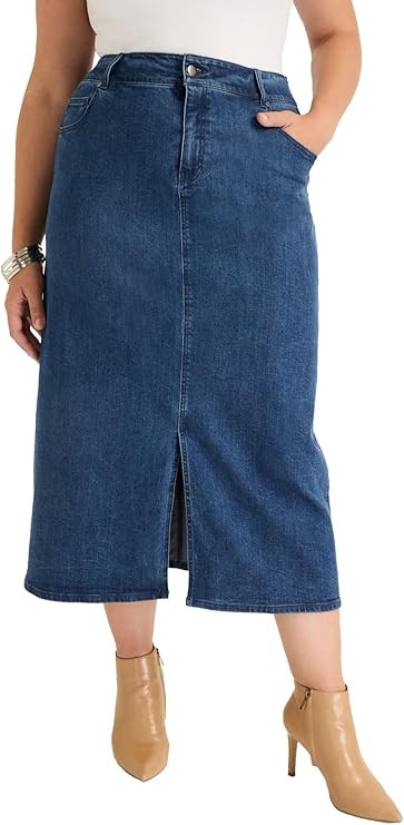 Women's Plus Size Front-Slit Denim Midi Skirt | Amazon (US)