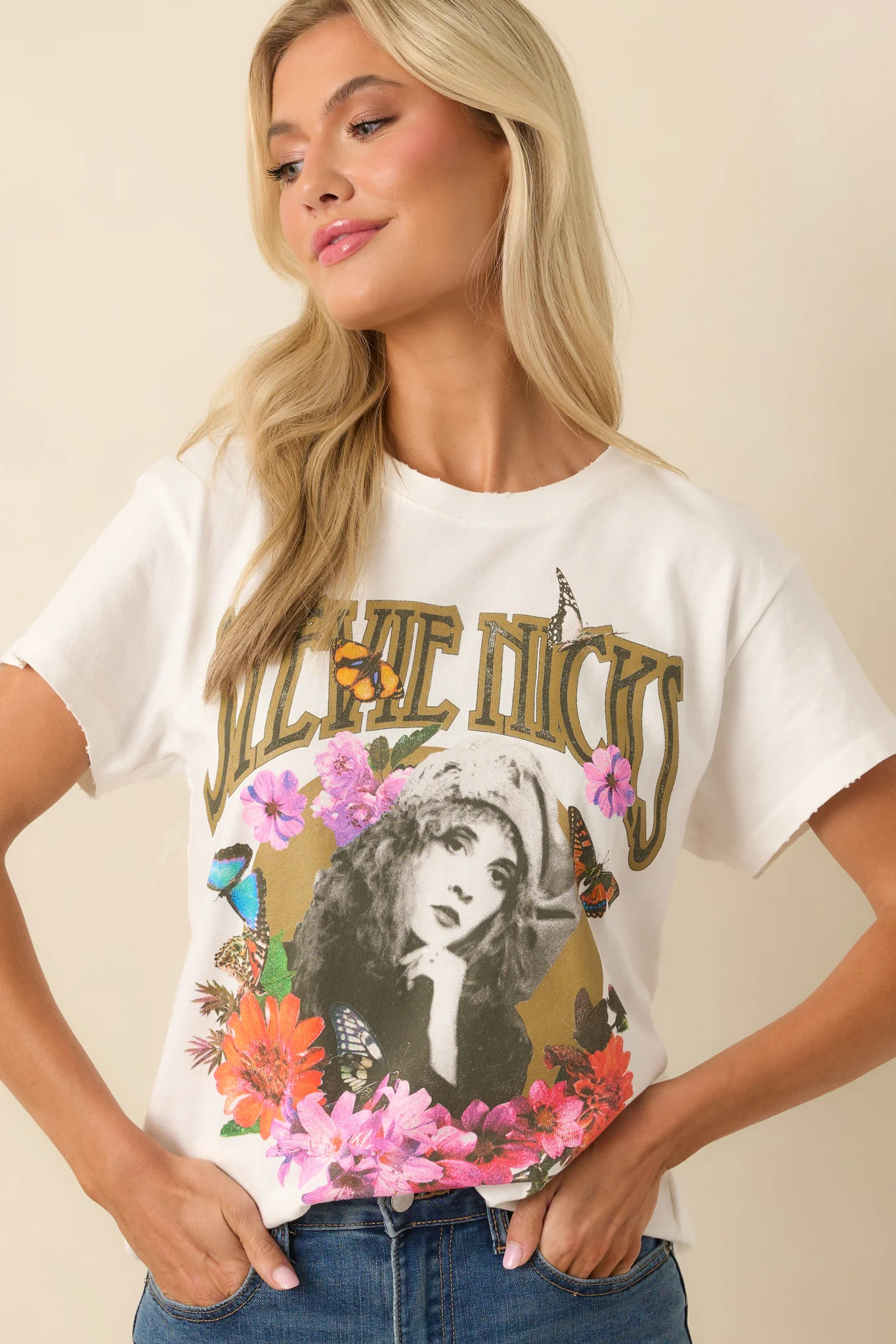 Stevie Nicks White Cotton Flower Collage Tour Tee | Red Dress