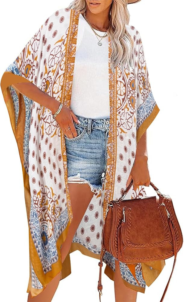 Moss Rose Womens Beach Cover up Swimsuit Kimono with Bohemian Floral Print | Amazon (US)
