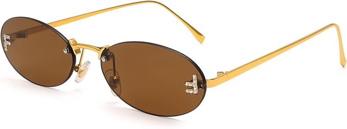 Dollger Trendy Rimless Oval Sunglasses Women Men Retro Y2K Glasses Small Diamond Frame 90s Metal ... | Amazon (US)