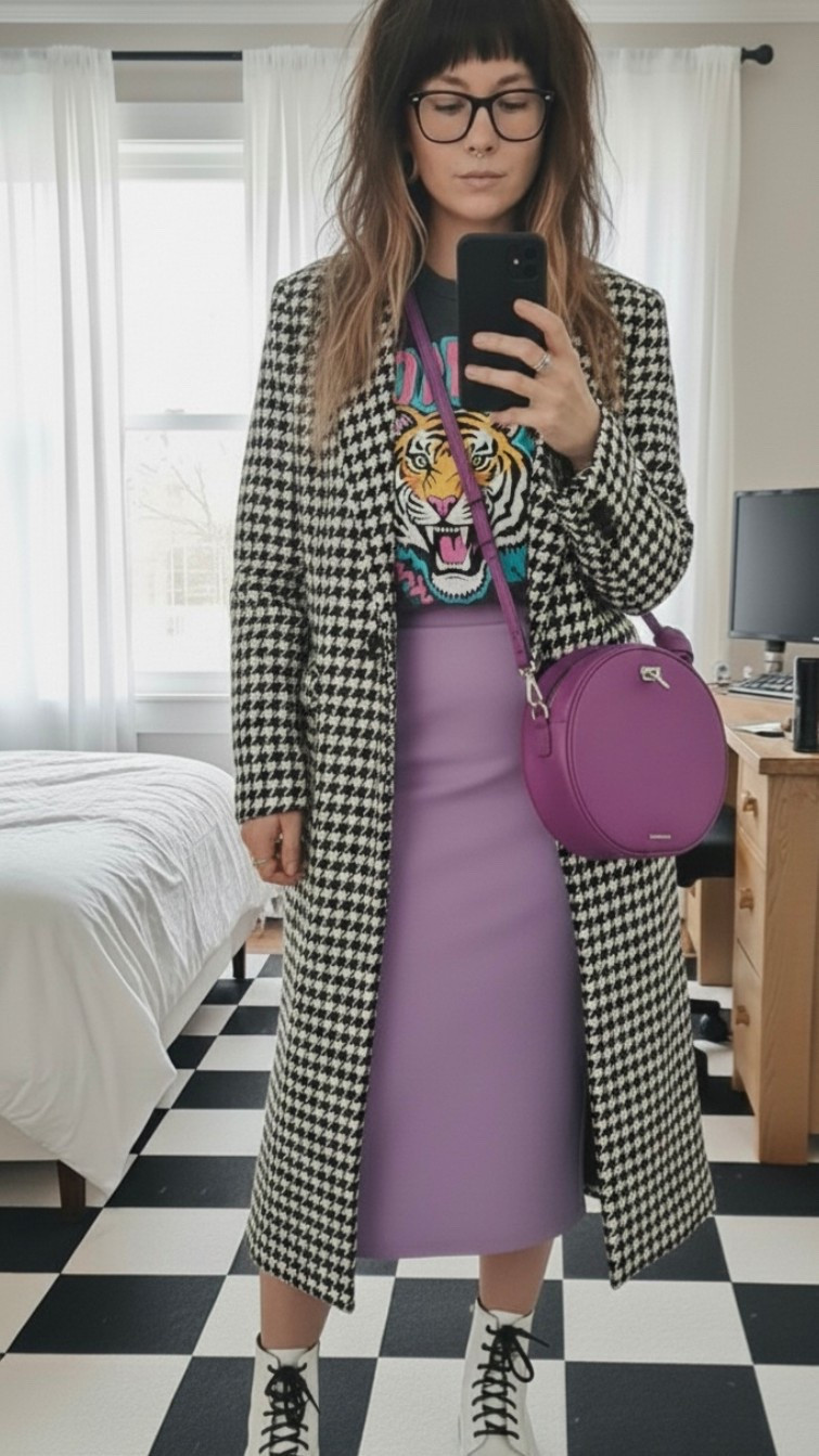 Mixing patterns and bold pigments for the ultimate winter-to-spring transition! This oversized houndstooth coat is a total closet staple, but it’s the lilac midi skirt and graphic tiger tee that really make the outfit pop. I paired it with my go-to white platform boots for a bit of an edgy, "street style" finish.

#LTKWorkwear #LTKActive #LTKSeasonal