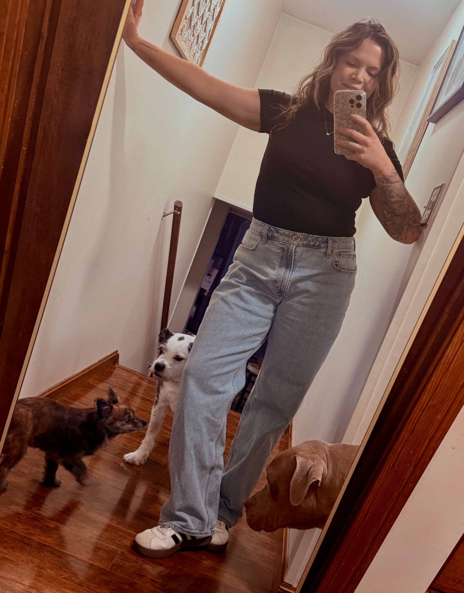 The gang is all here! 

Today's #OOTD ( does not include Duke, Max or Bobbi Pin) is once again, comfy work attire! 

These jeans are some of my old jeans before I lost more weight so they're about 1-2 sizes too big but honestly, I love it! It's SO comfy and luckily it's in style 🤣 

These jeans are almost exactly like the others I have posted that are sold out online so here is another option! 

The shirt, it's structured enough that it doesn't get baggy but it's not too tight that you feel like a stuffed sausage 🤭 

And of course, I'm wearing my favorite shoes! 

💋 XO

#LTKStyleTip #LTKSaleAlert #LTKPets