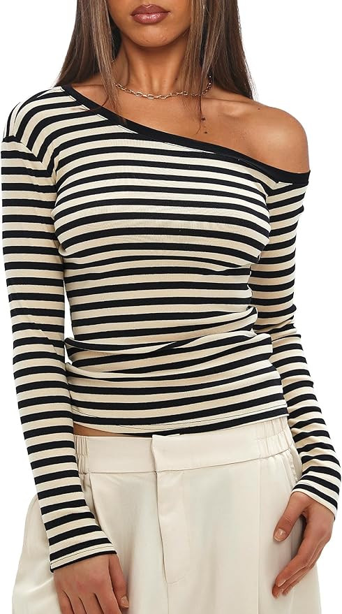 Darong Women Off The Shoulder Top Long Sleeve Shirts Tight Fitted Going Out Tops Tee Y2k Outfits | Amazon (US)