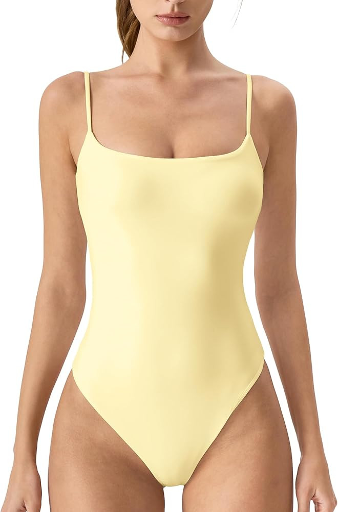 QINSEN Women\u2018s Spaghetti Strap Bodysuit Top Square Neck Sleeveless Double Lined Cami Shirts | Amazon (US)
