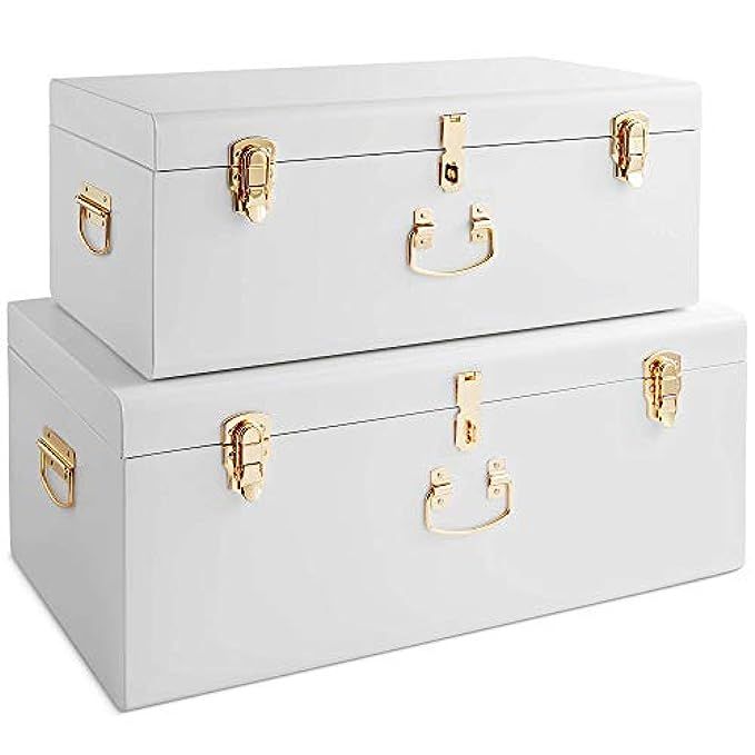 Beautify Extra Large White Steel Metal Storage Trunk Set Lockable Decorative with Champagne Handles  | Amazon (US)